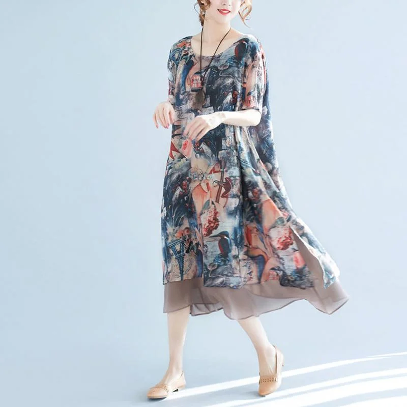 XL Women's Chiffon Round Neck Dress Fabric Lightweight Breathable Mid-length Loose Large Size Dress Women Retro Style Tunics Luxurious premium