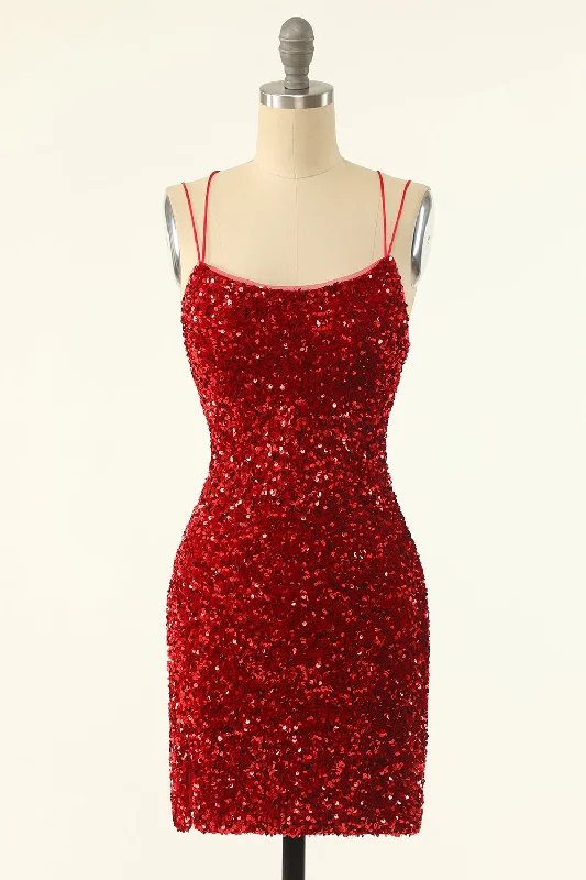 Red Sequin Bodycon Mini Party Dress with Double Straps Tunics Business professional