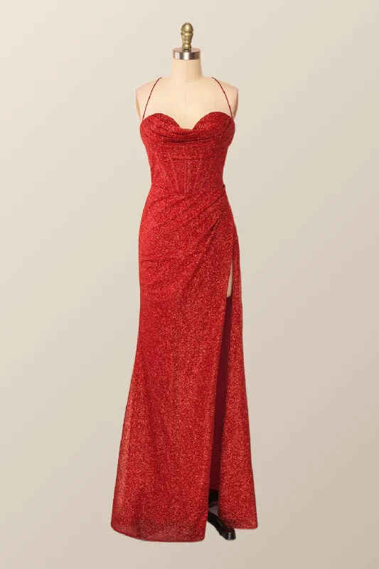 Fitted Red Cowl Neck Long Party Dress with Slit Tunics Wedding white