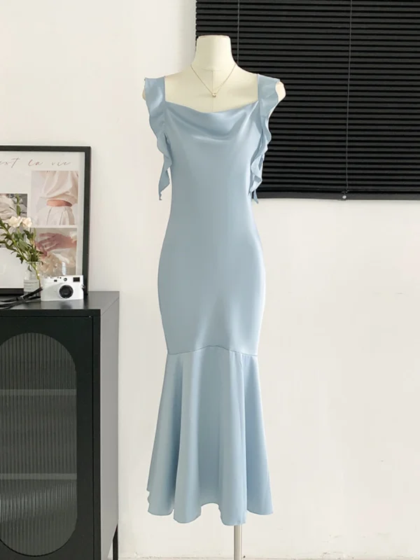 Ruffle Straps Sky-Blue Mermaid Maxi Party Dress Tunics Bestseller popular