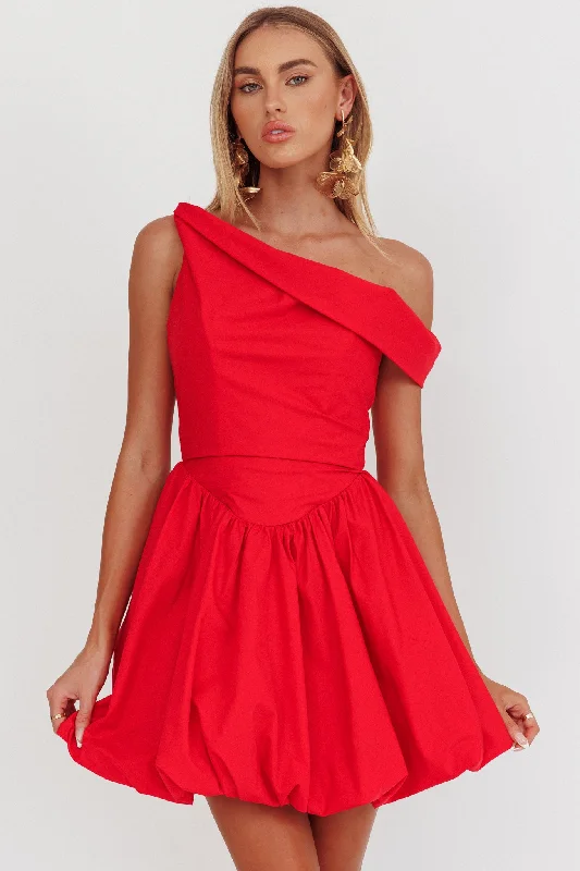 Celinda Asymmetric Neckline Balloon Mini Dress Red Cozy Ribbed Mini Dress