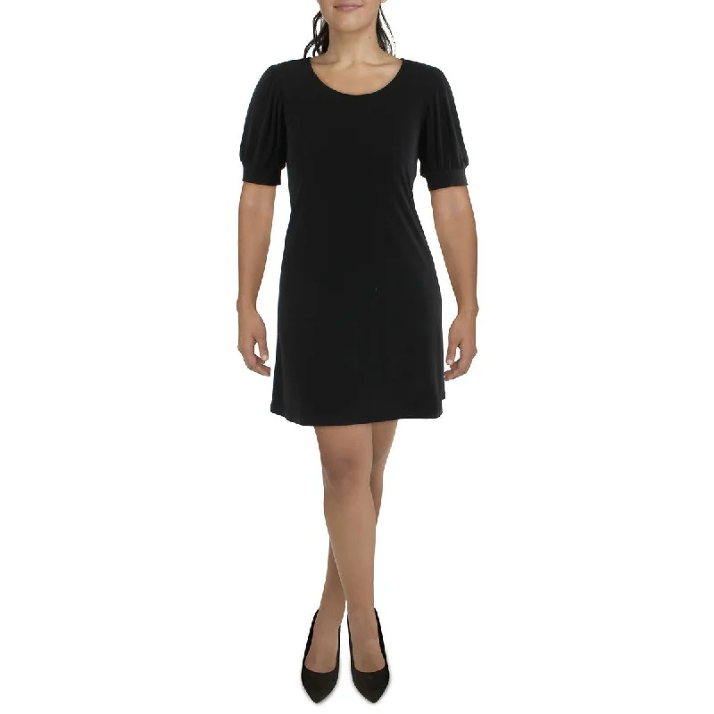 Petites Womens Knit Puff Sleeves Sheath Dress Off-the-shoulder Chic Trendy