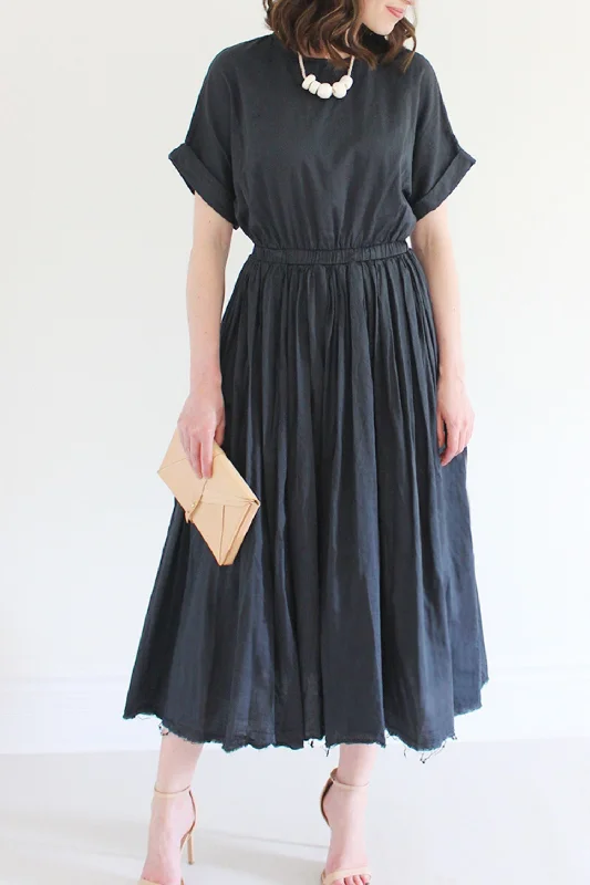 Black midi cotton dress with elastic waist HY0005 Tunics Ceremony elegant