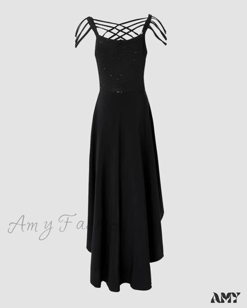 Amy Fashion - V-Neck Sleeveless Crisscross Tassel Design High Low Hem Glitter Party Dress Tunics Timeless classic