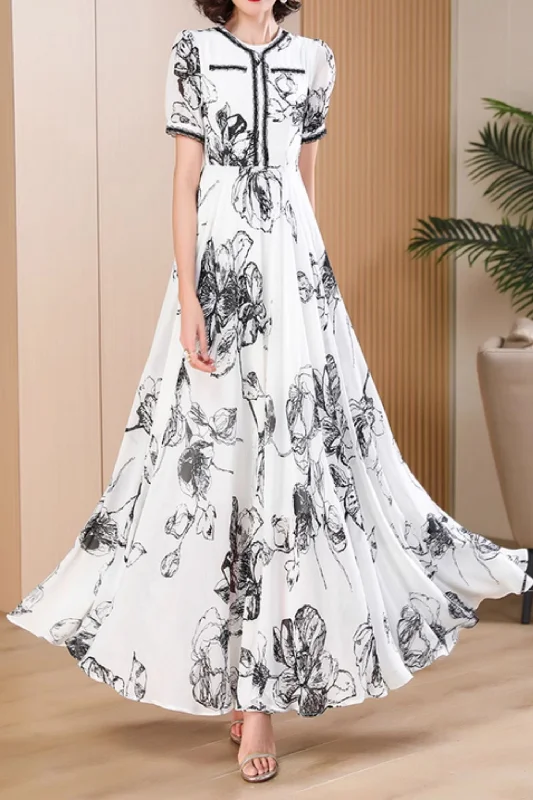 Black and white floral maxi chiffon dress 5031 Tunics Versatile functional