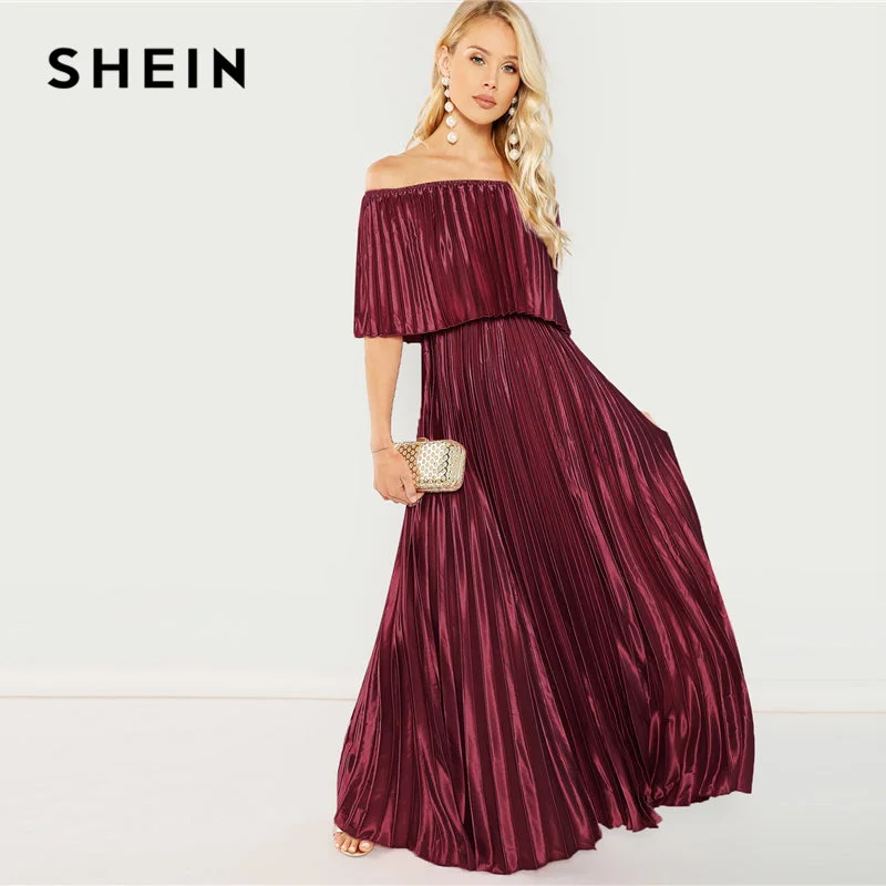 SHEIN Burgundy Flounce Foldover Front Off Shoulder Pleated A Line Solid Elegant Autumn Modern Lady Women Maxi Party Dresses Mermaid Tail Wedding SHEIN Burgundy Flounce Foldover Front Off Shoulder Pleated A Line Solid Elegant Autumn Modern Lady Women Maxi Party Dresses Mermaid Tail Wedding
