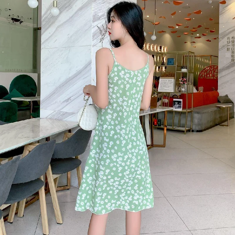 Floral Dress Loose and Thin Sling Dress Mid-length Off-shoulder Sling Dress Sexy Slim A-line Version Fabric Light and Breathable Tunics Cozy soft
