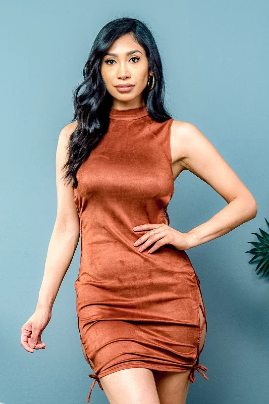 Lustrous Satin Smooth Mock Neck Mini Dress with Bare Laced Side Ties (IMD1837) Chic Pleated Mini Dress Lustrous Satin Smooth Mock Neck Mini Dress with Bare Laced Side Ties (IMD1837) Chic Pleated Mini Dress
