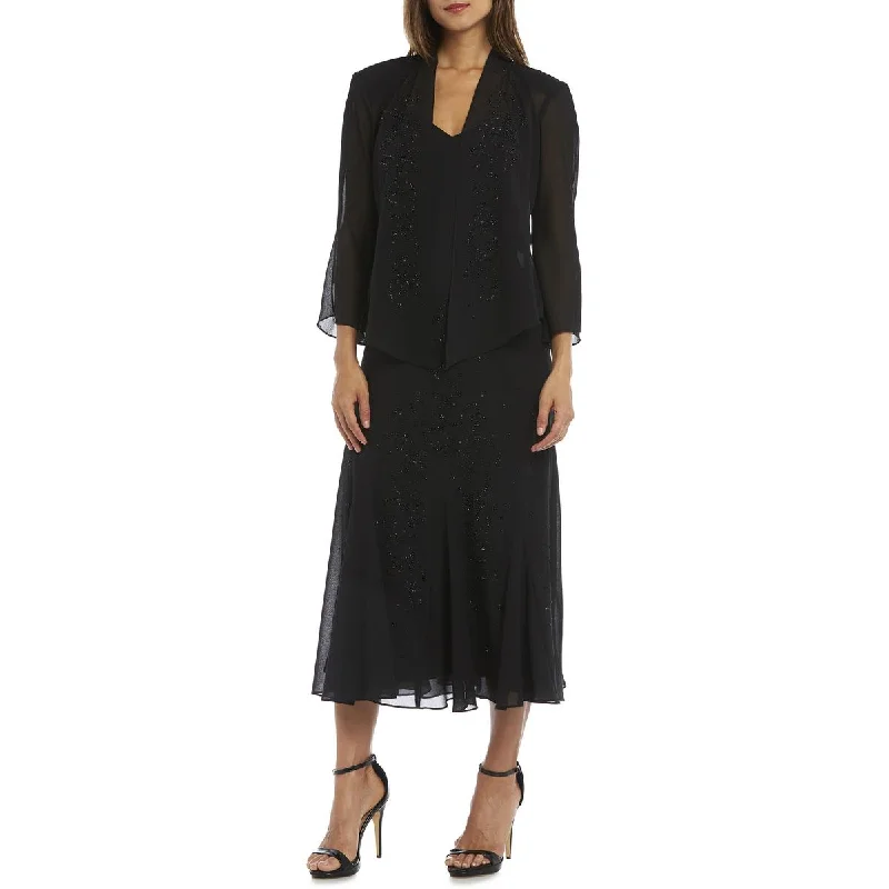 Womens Embellished Two Piece Dress Boat Neckline Classic