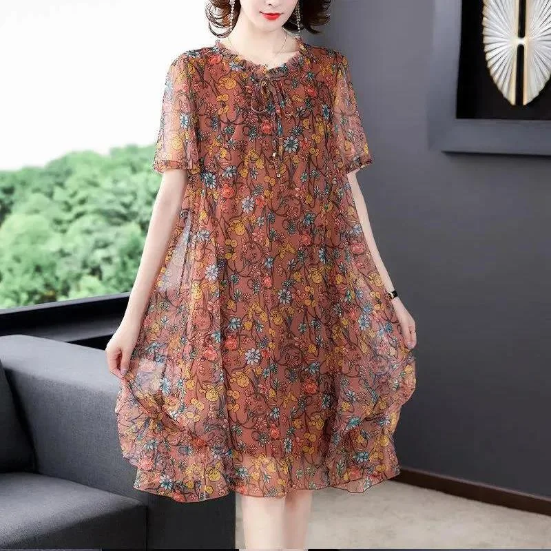 Summer Small Floral Mesh Mid-length Large Size Loose and Thin Short-sleeved Dress Tunics Practical durable Summer Small Floral Mesh Mid-length Large Size Loose and Thin Short-sleeved Dress Tunics Practical durable