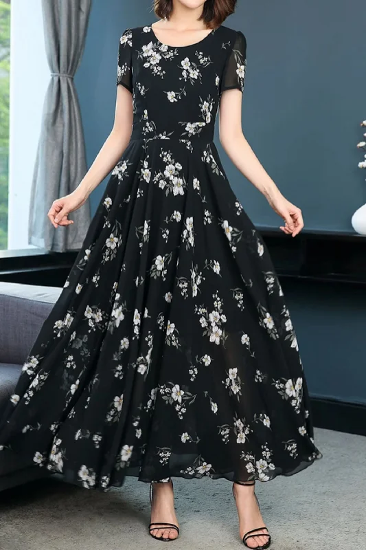 Black flower printed maxi chiffon dresses 5011 Tunics Luxurious high-end