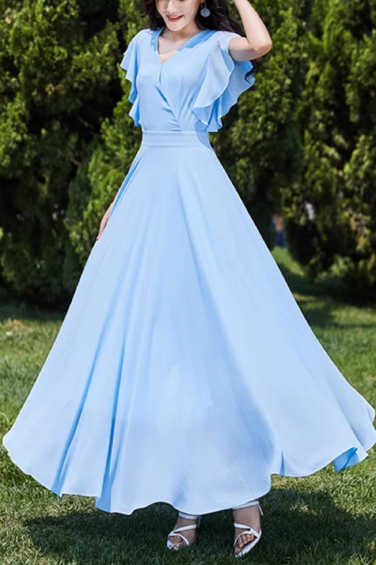 Blue maxi prom summer swing chiffon dress 5083 Tunics Plaid country