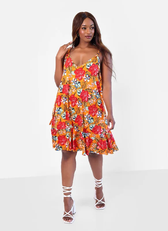 Island Dream Tropical Print Shift Mini Dress Fashionable Mini Dress with Frills