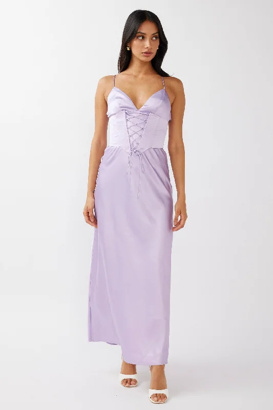 Downtown Cami Strap Corset Waist Dress Lilac Cowl Neckline Elegant