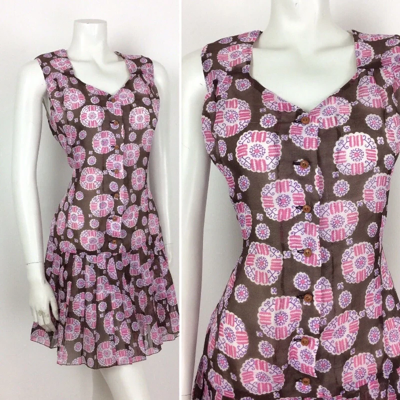 VINTAGE 60S 70S BROWN WHITE PINK PAISLEY SMOCK DRESS DROPPED PLEAT WAIST 14 16 Tunics Vintage classic VINTAGE 60S 70S BROWN WHITE PINK PAISLEY SMOCK DRESS DROPPED PLEAT WAIST 14 16 Tunics Vintage classic