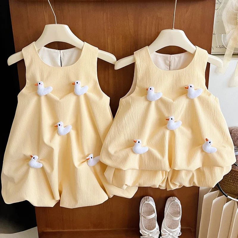 Cute Summer Girls Duck Dress Two-Piece Set Tunics Formal black