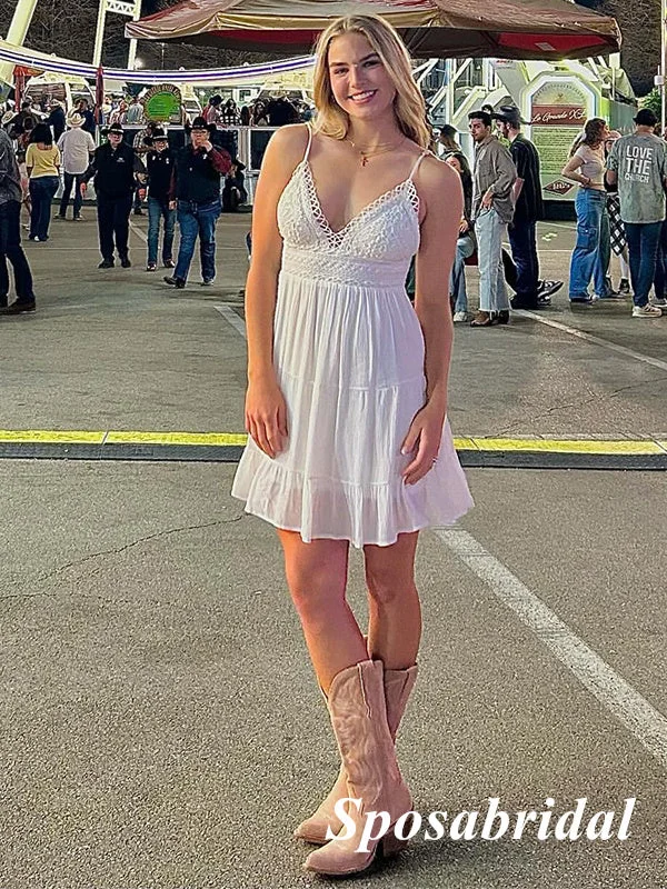 Sexy White Chiffon And Lace Spaghetti Straps V-Neck Sleeveless A-Line Mini Dresses/ Homecoming Dresses, PD3599 Comfortable Bodycon Mini Dress Sexy White Chiffon And Lace Spaghetti Straps V-Neck Sleeveless A-Line Mini Dresses/ Homecoming Dresses, PD3599 Comfortable Bodycon Mini Dress