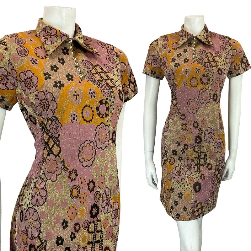 VTG 60S PINK GOLD BLACK ORANGE FLORAL PSYCHEDELIC WING COLLAR PARTY DRESS 8 Tunics Sophisticated sleek VTG 60S PINK GOLD BLACK ORANGE FLORAL PSYCHEDELIC WING COLLAR PARTY DRESS 8 Tunics Sophisticated sleek