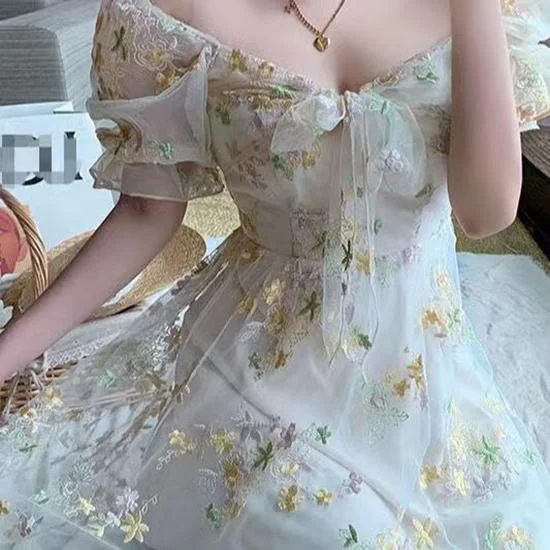 Prom Fairy Dress, Spring Formal Wedding Guest Dress, Korean Cute Milkmaid Dress, French Vintage Floral Cloth, Chiffon Mini White Dress Tunics Corduroy durable