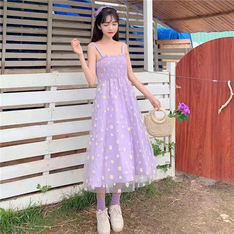 Daisy Mesh Yarn Spaghetti Strap Dress Women Summer French Style Pleated Slim Wasit Retro Sweet Dresses Tunics Bridal satin Daisy Mesh Yarn Spaghetti Strap Dress Women Summer French Style Pleated Slim Wasit Retro Sweet Dresses Tunics Bridal satin