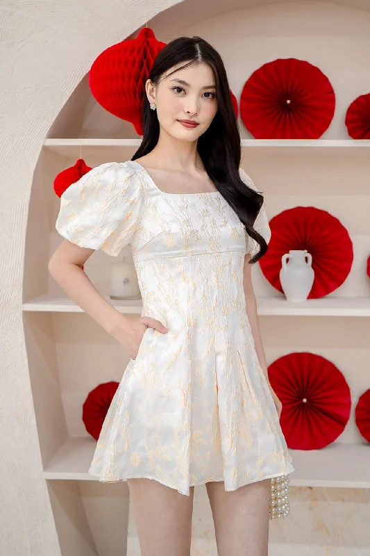 ORIENT JACQUARD SLEEVE MINI DRESS IN GOLD Cozy Wraparound Mini Dress