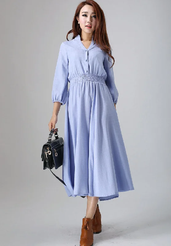 Blue linen dress woman long dress custom made casual dress 796# Tunics Silk luxurious