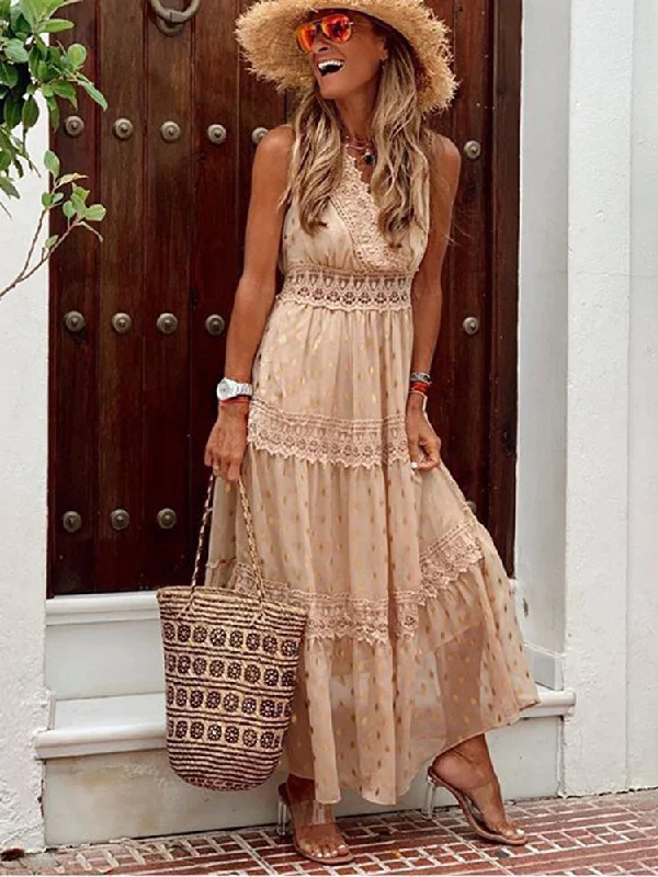 Boho Lace V Neck Sundress Elegant Party Dress Square Neckline Feminine