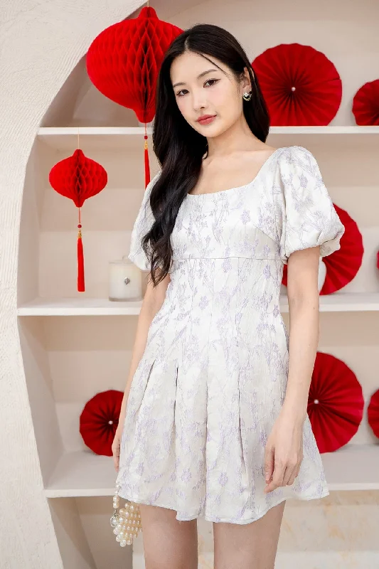 ORIENT JACQUARD SLEEVE MINI DRESS IN LILAC Stylish Sweetheart Mini Dress