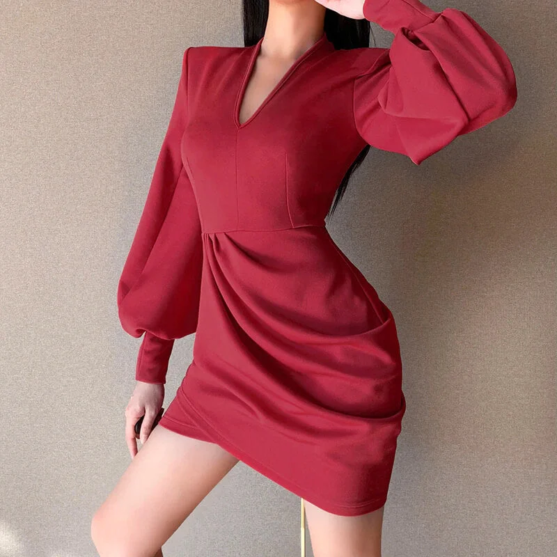 Terra Red Long-Sleeved Mini Dress Elegant Lace-Up Mini Dress