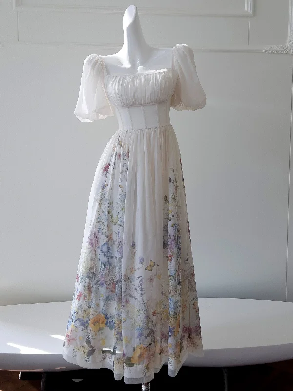 Floral Print Puff Sleeve Off-Shoulder Maxi Party Dress Sequined Elegant Party