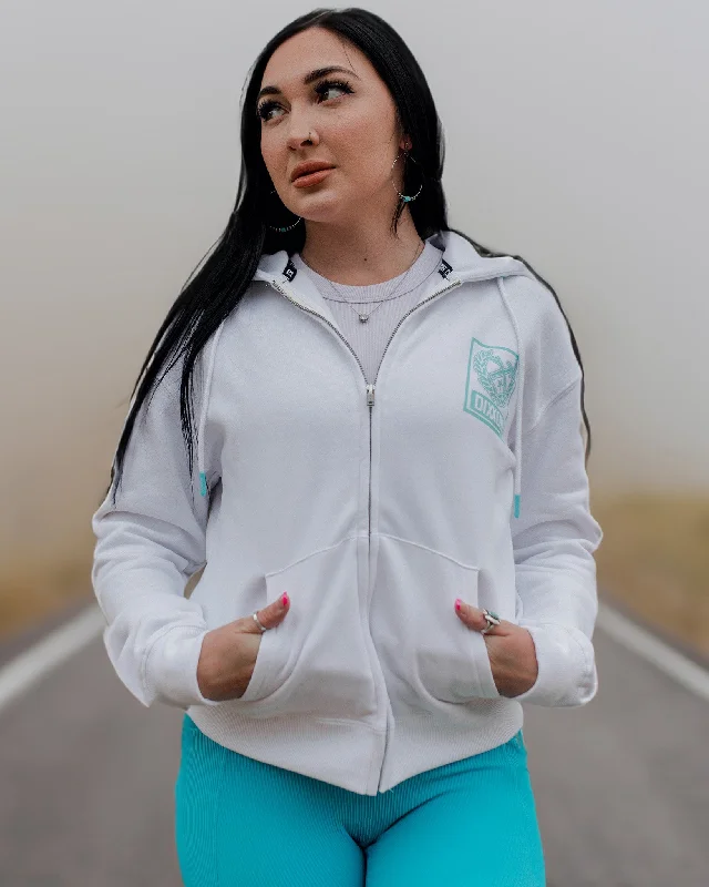 Women's Tiffany Box Crest Zip Up Hoodie - White Hoodie with V-Neck Classic Versatile