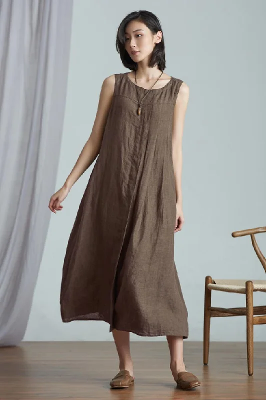 crew set head commuter loose mid calf dress without sleeve CY06 Tunics Summer linen