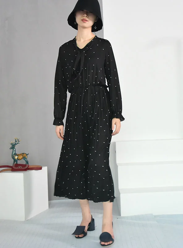 Long Sleeve Solid Black Chiffon Dot Loose Big Size Dress Square Neckline Feminine
