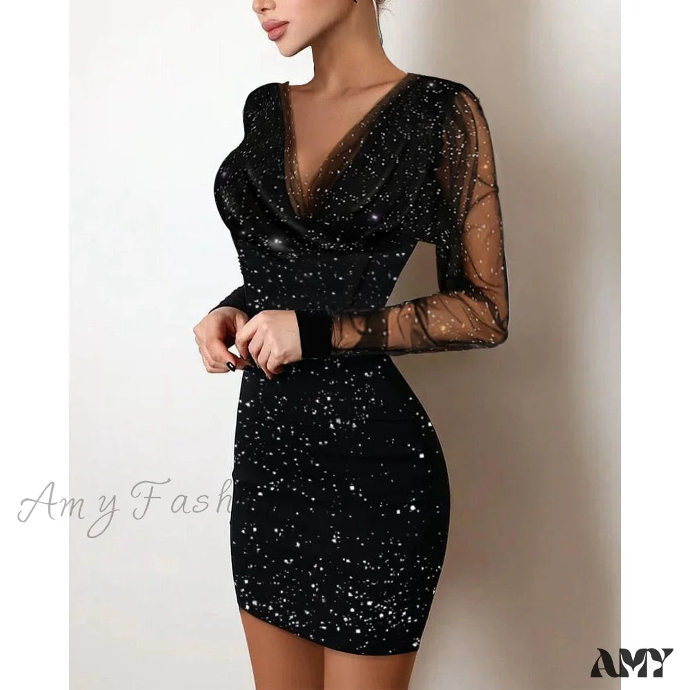 Amy Fashion - Sequin Sheer Mesh Glitter Long Sleeve Party Dress Tunics Versatile stylish