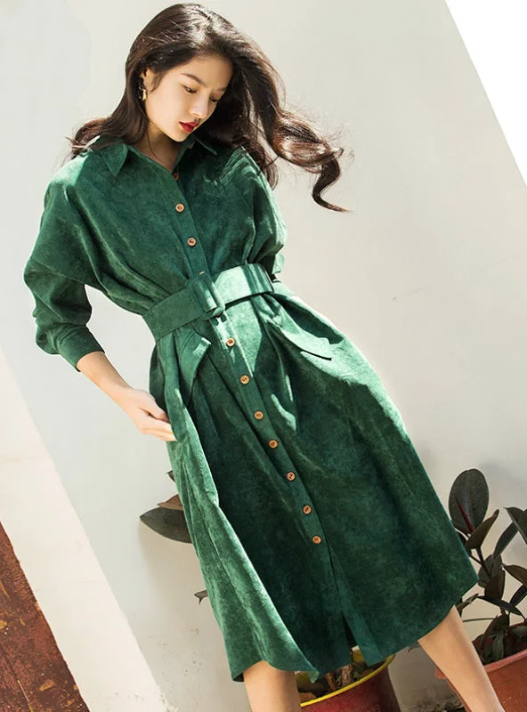 Long Sleeve Green Blue Color Vintage Dress Pocket With Belt Tunics Sophisticated sleek Long Sleeve Green Blue Color Vintage Dress Pocket With Belt Tunics Sophisticated sleek