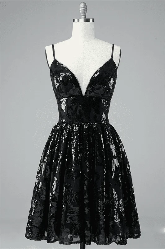 Black A-line V Neck Lace-Up Back Sequins-Embroidered Mini Dress Fashionable Lace-Trim Mini Dress