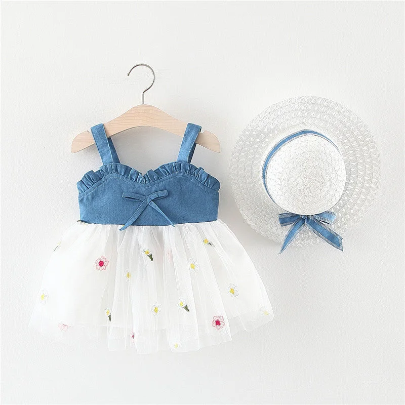 Baby Dress Denim Suspender Mesh Splicing Princess Dress Tunics Stylish elegant