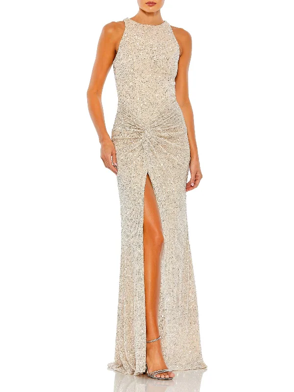 Womens Sequin Ruched Evening Dress Tunics Satin smooth