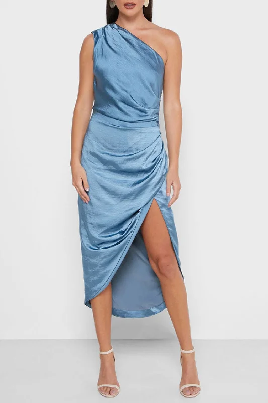 High Slit One Shoulder Satin Cocktail Party Dress - Dusty Blue Tunics Versatile functional