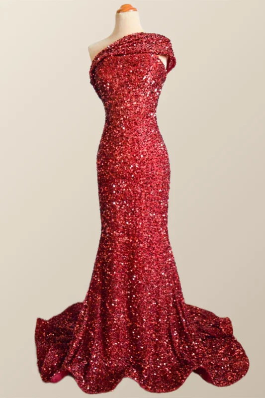 One Shoulder Wine Red Sequin Mermaid Party Dress Tunics Travel practical
