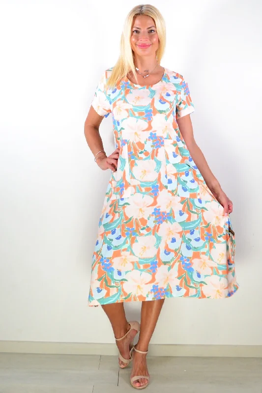 Peach Floral Garden Print Tunic Dress Tunics Chic fashionable
