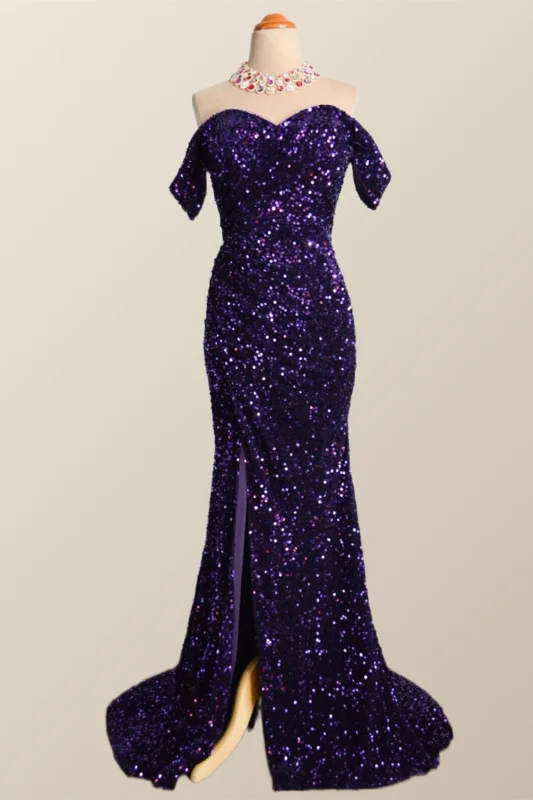 Off the Shoulder Purple Velvet Sequin Mermaid Party Dress Tunics Bridal satin