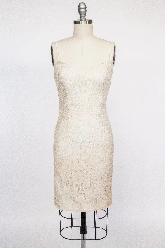 1990s Mini Dress Irish Lace Beige XS P Comfortable Boho Mini Dress