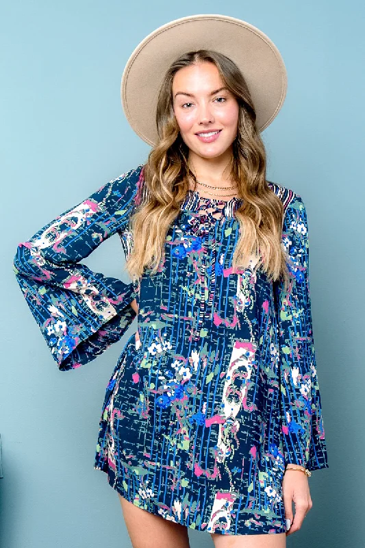 'Make a Splash' Multi Color Long Bell Sleeve Mini Dress (LD40837) Elegant Floral-Print Mini Dress 'Make a Splash' Multi Color Long Bell Sleeve Mini Dress (LD40837) Elegant Floral-Print Mini Dress