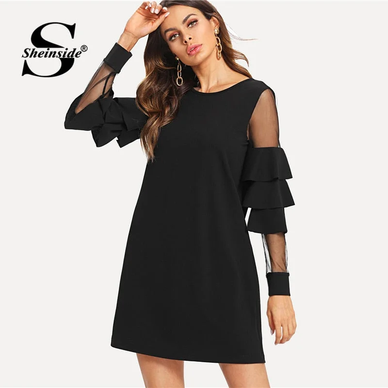 Sheinside Ruffle Sleeve Black A Line Work Dress Round Neck Contrast Mesh Tiered Layer Straight Women Fall Elegant Mini Dress Fashionable Pleated Mini Dress Sheinside Ruffle Sleeve Black A Line Work Dress Round Neck Contrast Mesh Tiered Layer Straight Women Fall Elegant Mini Dress Fashionable Pleated Mini Dress
