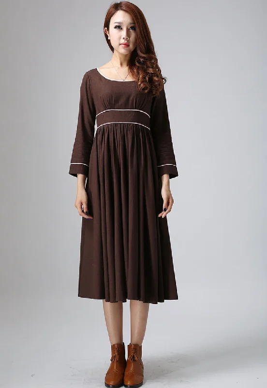 Brown dress maxi linen dress woman long dress custom made casual dress (808) Tunics Plaid country