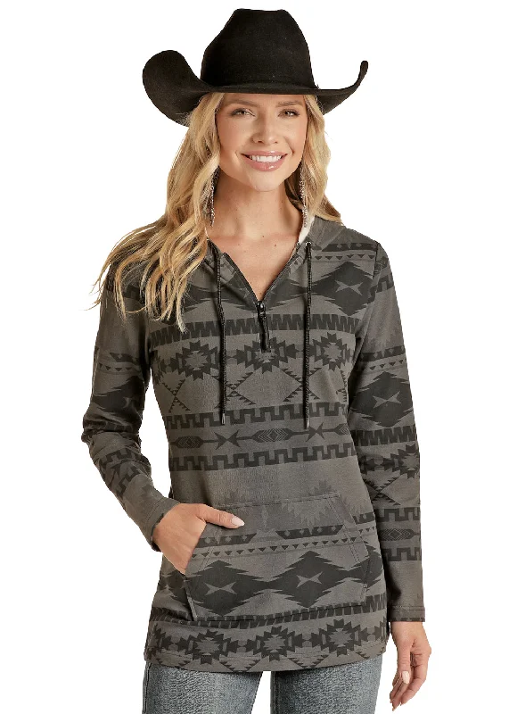 Powder River Black Ladies Aztec Knit Hoodie Hoodie Sweatshirt Pullover