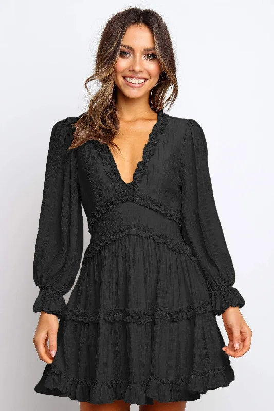 Women's Long Sleeve V Neck Mini Dress Ruffle Detailing Open Back Dress Elegant Silk Mini Dress
