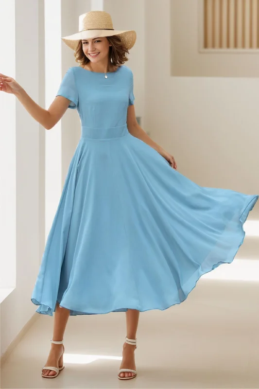 Blue swing midi summer prom chiffon dress 5147 sweetheart Neckline Romantic