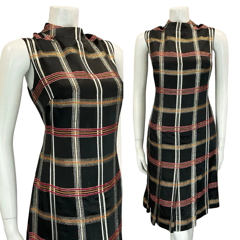 VTG 60S BLACK RED GOLD FUNNEL NECK PLEATED SLEEVELESS MOD PARTY DRESS M 12 14 Crew Neckline Sporty VTG 60S BLACK RED GOLD FUNNEL NECK PLEATED SLEEVELESS MOD PARTY DRESS M 12 14 Crew Neckline Sporty